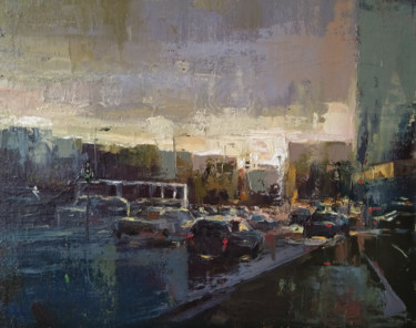 Painting titled "Night cityscape (40…" by Kamsar Ohanyan, Original Artwork, Oil Mounted on Wood Stretcher frame