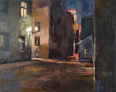 Painting titled "City night (40x50cm…" by Kamsar Ohanyan, Original Artwork, Oil Mounted on Wood Stretcher frame