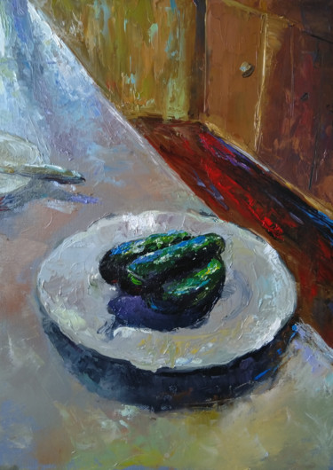 Malerei mit dem Titel "Still life - cucumb…" von Kamsar Ohanyan, Original-Kunstwerk, Öl Auf Keilrahmen aus Holz montiert