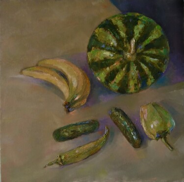 Painting titled "Green still life (4…" by Kamsar Ohanyan, Original Artwork, Oil Mounted on Wood Stretcher frame
