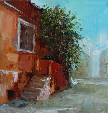 Painting titled "Red house (25x26cm,…" by Kamsar Ohanyan, Original Artwork, Oil Mounted on Wood Stretcher frame