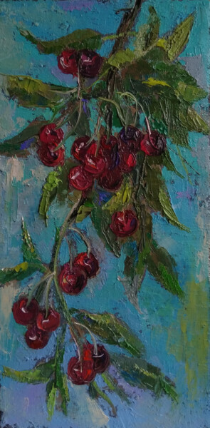 Painting titled "Still life-cherry (…" by Kamsar Ohanyan, Original Artwork, Oil Mounted on Wood Stretcher frame