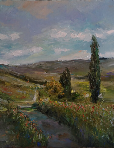 Painting titled "The road to the vil…" by Kamsar Ohanyan, Original Artwork, Oil Mounted on Wood Stretcher frame