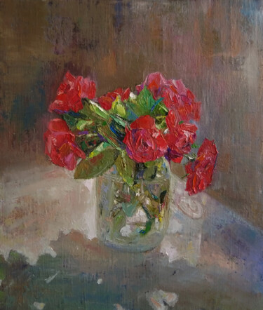 Painting titled "Still life-roses (4…" by Kamsar Ohanyan, Original Artwork, Oil Mounted on Wood Stretcher frame