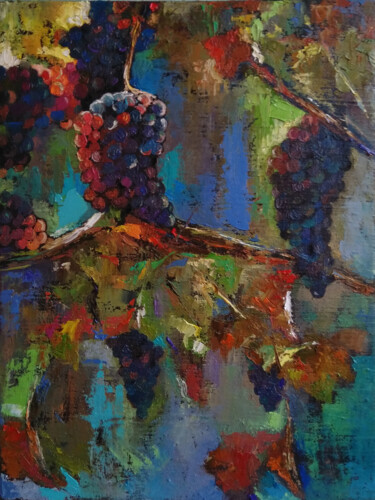 Painting titled "Grapes (34x44cm, oi…" by Kamsar Ohanyan, Original Artwork, Oil Mounted on Wood Stretcher frame