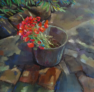 Painting titled "Field poppies (35x3…" by Kamsar Ohanyan, Original Artwork, Oil Mounted on Wood Stretcher frame