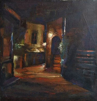 Painting titled "Night cityscape (40…" by Kamsar Ohanyan, Original Artwork, Oil Mounted on Wood Stretcher frame