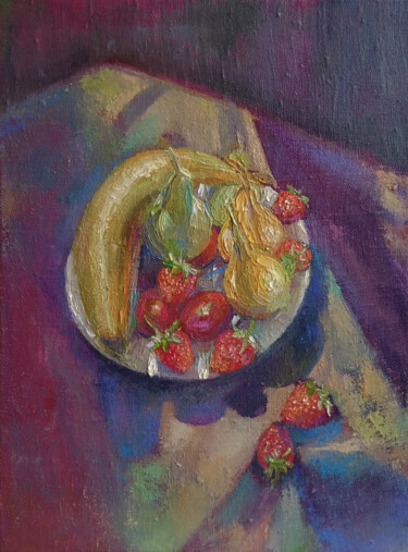 Painting titled "Still life with ban…" by Kamsar Ohanyan, Original Artwork, Oil Mounted on Wood Stretcher frame