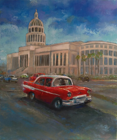 Painting titled "Old red Volga(50x60…" by Kamsar Ohanyan, Original Artwork, Oil Mounted on Wood Stretcher frame