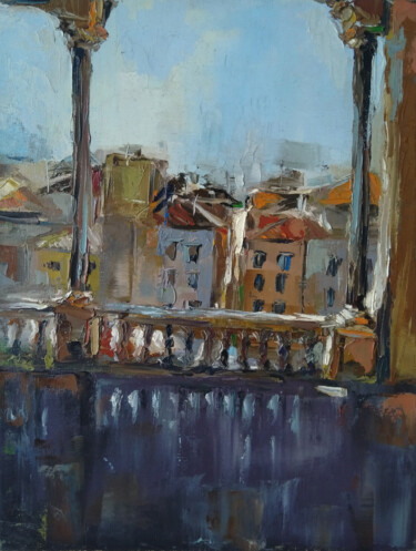 Painting titled "Open balcony" by Kamsar Ohanyan, Original Artwork, Oil Mounted on Wood Stretcher frame