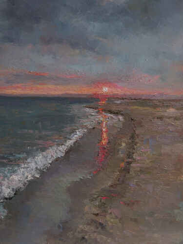 Painting titled "Sunset on the beach" by Kamsar Ohanyan, Original Artwork, Oil Mounted on Wood Stretcher frame