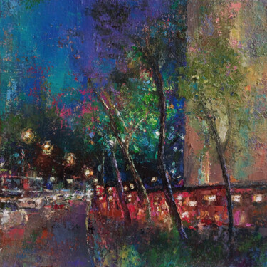 Painting titled "Night cityscape - Y…" by Kamsar Ohanyan, Original Artwork, Oil Mounted on Wood Stretcher frame