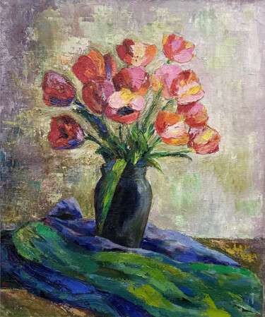 Painting titled "Red poppies" by Kamsar Ohanyan, Original Artwork, Oil Mounted on Wood Stretcher frame