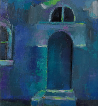 Painting titled "Blue door" by Kamsar Ohanyan, Original Artwork, Oil Mounted on Wood Stretcher frame