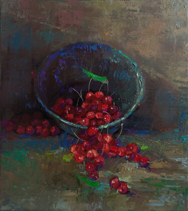 Painting titled "Still life - cherry" by Kamsar Ohanyan, Original Artwork, Oil Mounted on Wood Stretcher frame