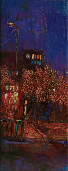 Schilderij getiteld "Night cityscape" door Kamsar Ohanyan, Origineel Kunstwerk, Olie Gemonteerd op Frame voor houten brancard