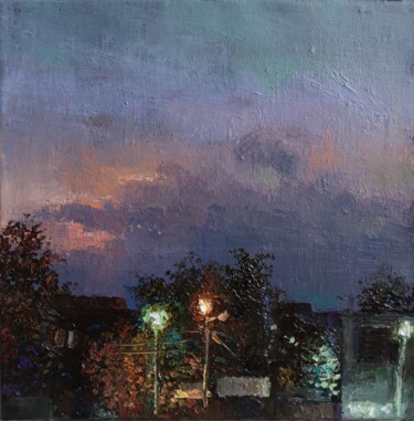 Painting titled "Evening's Glow" by Kamsar Ohanyan, Original Artwork, Oil Mounted on Wood Stretcher frame