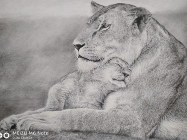 Рисунок под названием "Львенок с матерью" - Kanat Mks, Подлинное произведение искусства, Карандаш
