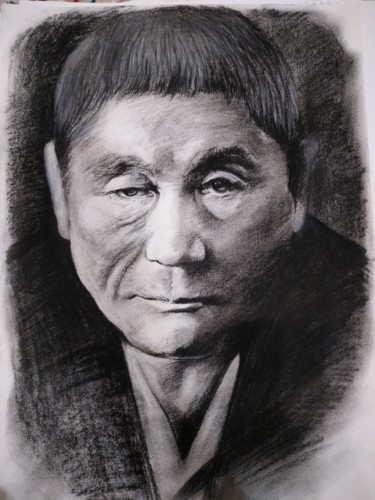 Рисунок под названием "Portrait of Takeshi" - Kanat Mks, Подлинное произведение искусства, Древесный уголь