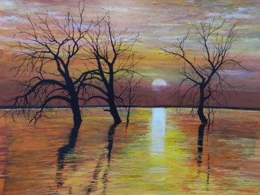 Картина под названием "Sunset lake" - Kanat Mks, Подлинное произведение искусства, Акрил