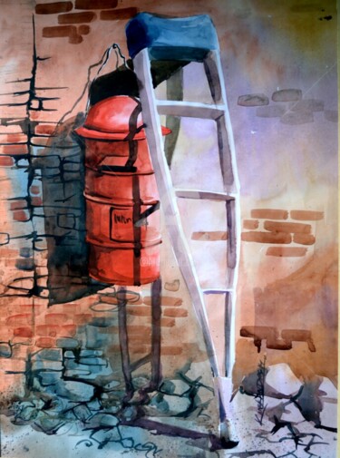 Painting titled "Abandoned post offi…" by Kangkan Das, Original Artwork, Watercolor