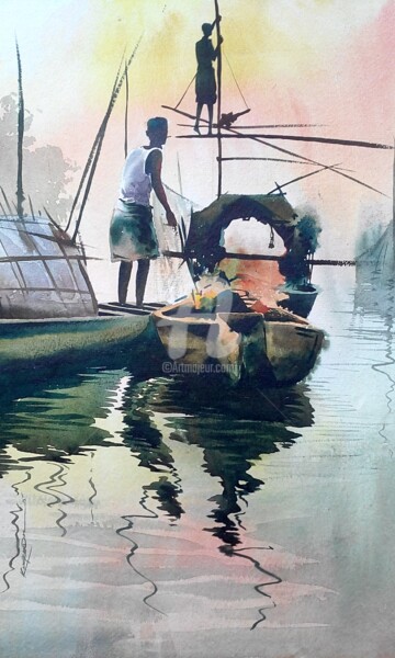 Painting titled "boats.jpg" by Kangkan Das, Original Artwork, Watercolor