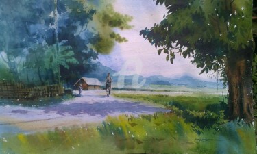 Painting titled "village road" by Kangkan Das, Original Artwork, Watercolor