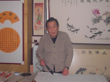 Painting titled "山东省文联副主席车本杰先生在厚德斋挥毫" by Minglong Chen, Original Artwork