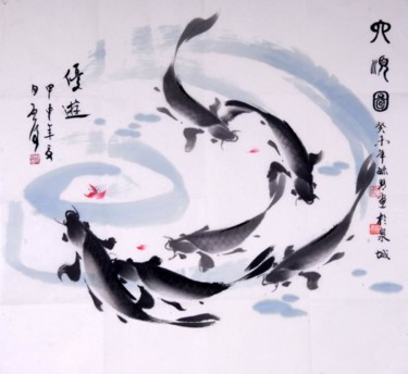 绘画 标题为“著名书画家魏启后先生在裴毓琴鱼作上题词” 由Minglong Chen, 原创艺术品