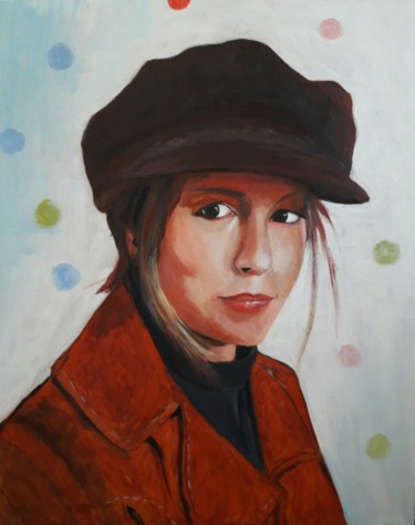 Schilderij getiteld "Girl with cap" door Wim Kannekens, Origineel Kunstwerk, Acryl Gemonteerd op Houten paneel