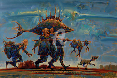 Schilderij getiteld "Рыбный день" door Konstantin Kansky (Kanskyart), Origineel Kunstwerk, Olie Gemonteerd op Frame voor hou…