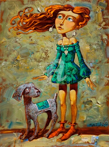 Картина под названием "Девочка с собакой" - Konstantin Kansky (Kanskyart), Подлинное произведение искусства, Масло Установле…