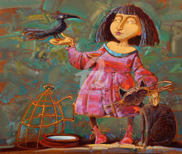 제목이 "The bird lady and t…"인 미술작품 Konstantin Kansky (Kanskyart)로, 원작, 기름 나무 들것 프레임에 장착됨