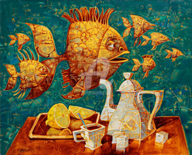 Картина под названием "Рыбки к чаю" - Konstantin Kansky (Kanskyart), Подлинное произведение искусства, Масло Установлен на Д…