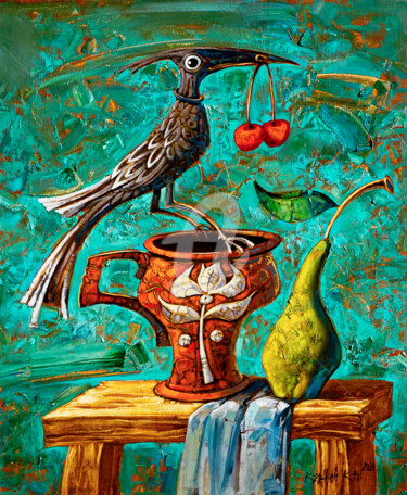 Painting titled "Натюрморт с птицей" by Konstantin Kansky (Kanskyart), Original Artwork, Oil Mounted on Wood Stretcher frame