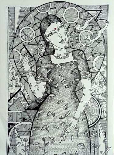 Drawing titled "Moonlight Gossips" by Sukanthi Kp, Original Artwork, Ballpoint pen
