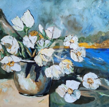 Malerei mit dem Titel "Les Fleurs blanches" von Kao Bourillon, Original-Kunstwerk, Öl
