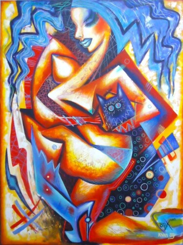 Peinture intitulée "Blue hat" par Kaola Oty, Œuvre d'art originale, Acrylique