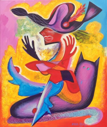 Peinture intitulée "Lady with violet cat" par Kaola Oty, Œuvre d'art originale, Acrylique