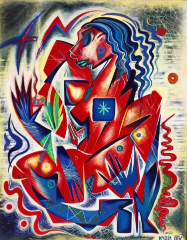 Painting titled "Red cubist woman" by Kaola Oty, Original Artwork, Acrylic