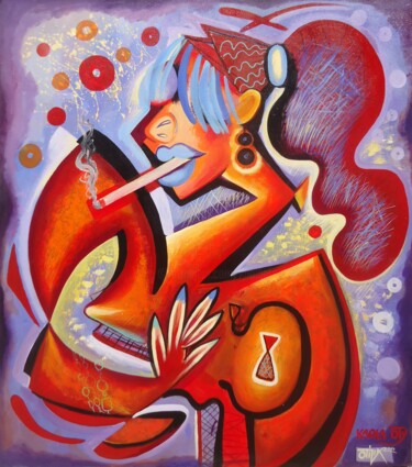 Painting titled "Woman with cigarette" by Kaola Oty, Original Artwork, Acrylic
