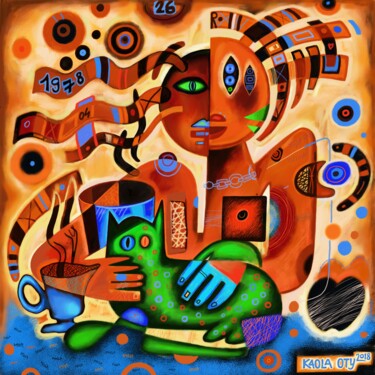 Картина под названием "Woman with cats" - Kaola Oty, Подлинное произведение искусства, Акрил