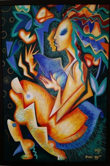 Peinture intitulée "Reading in the gard…" par Kaola Oty, Œuvre d'art originale, Acrylique