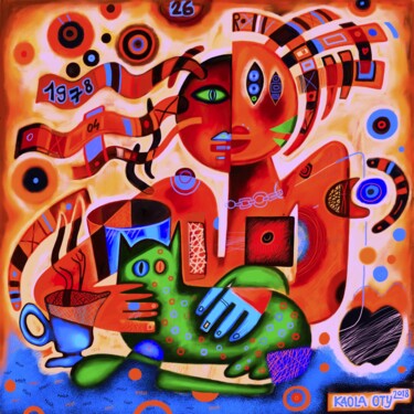 Digital Arts με τίτλο "Woman with her gree…" από Kaola Oty, Αυθεντικά έργα τέχνης, Ψηφιακή ζωγραφική