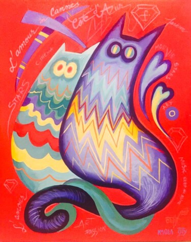 Schilderij getiteld "Lovers ( cats )" door Kaola Oty, Origineel Kunstwerk, Acryl