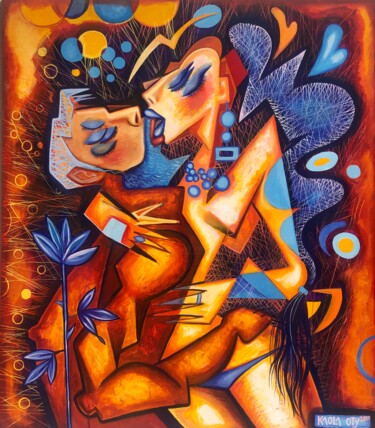Schilderij getiteld "The Blue Rose Lovers" door Kaola Oty, Origineel Kunstwerk, Acryl
