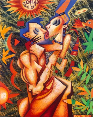 绘画 标题为“Kissing in Covid Ti…” 由Kaola Oty, 原创艺术品, 丙烯