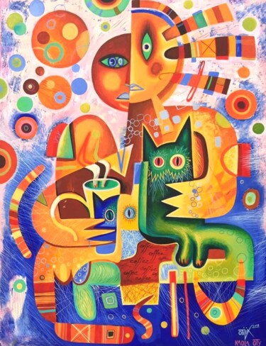 Картина под названием "Coffee with cats" - Kaola Oty, Подлинное произведение искусства, Акрил