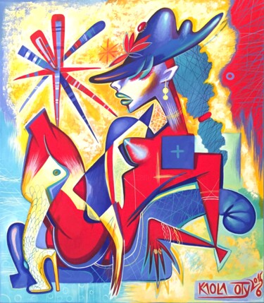 Картина под названием "The Blue Hat" - Kaola Oty, Подлинное произведение искусства, Акрил