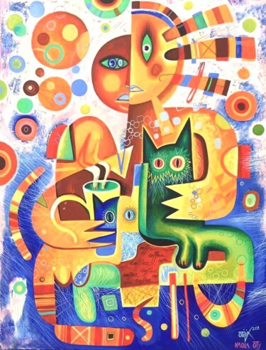 Painting titled "The coffee with cats" by Kaola Oty, Original Artwork, Acrylic